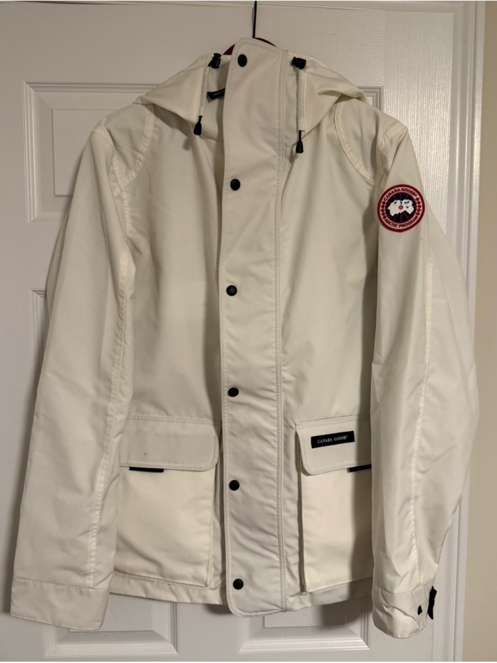 Canada Goose White Hooded Raincoat with Logo Patch